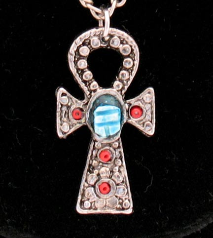 Handmade Egyptian Ankh Scarab Necklace    Silver Ankh  