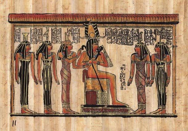 Egyptian Papyrus Painting - Osiris and five Goddesses 7X9